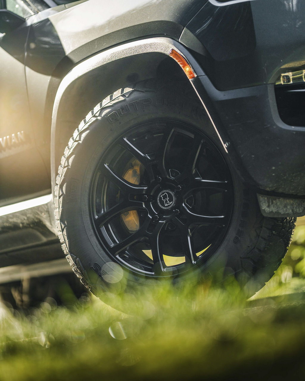 2024 Rivian R1T on black forged Black Rhino Rockledge wheels at stock height