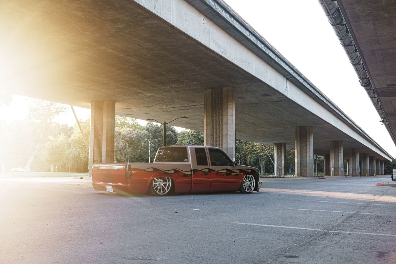 1994 Chevrolet Silverado lowered on staggered US Mags Rambler wheels